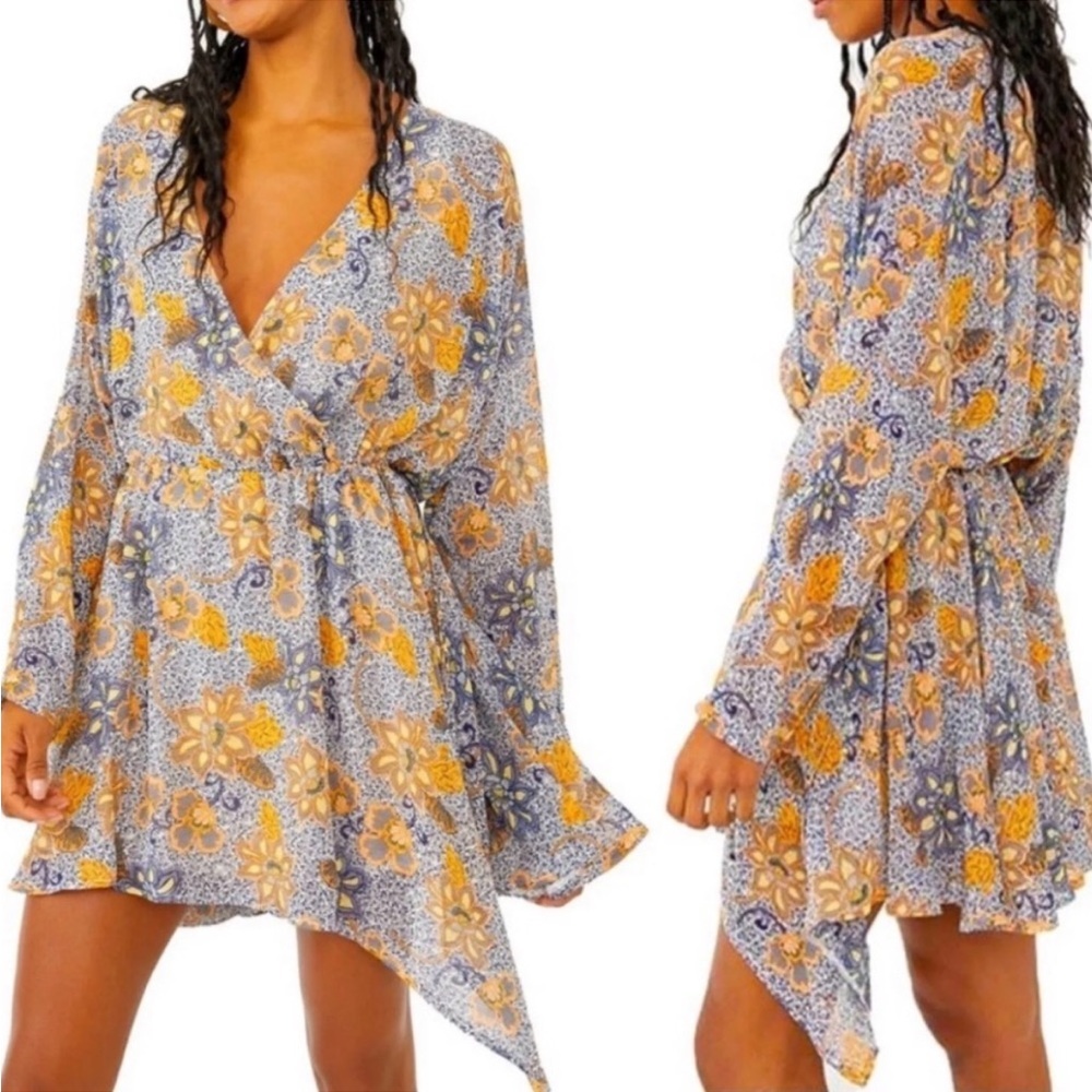 Free People Teegan Floral Long Sleeve Wrap Mini Dress sz large